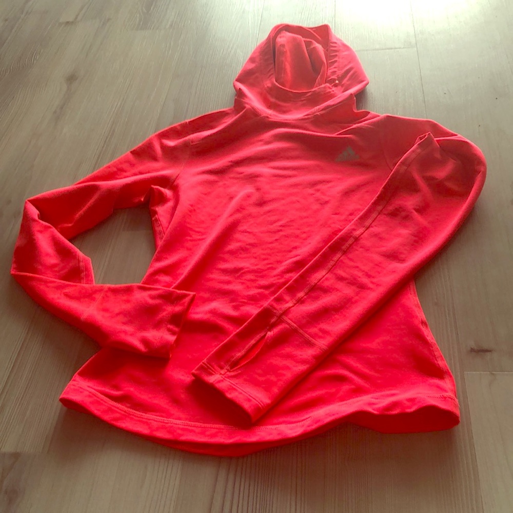 Adidas bright coral hooded running jacket.
